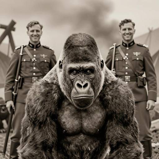Intense Gorilla Amidst Historical Soldiers