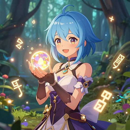 Digital anime artwork of a blue-haired girl with yellow eyes, holding a glowing orb in a magical forest, wearing a white and purple fantasy outfit. Bright