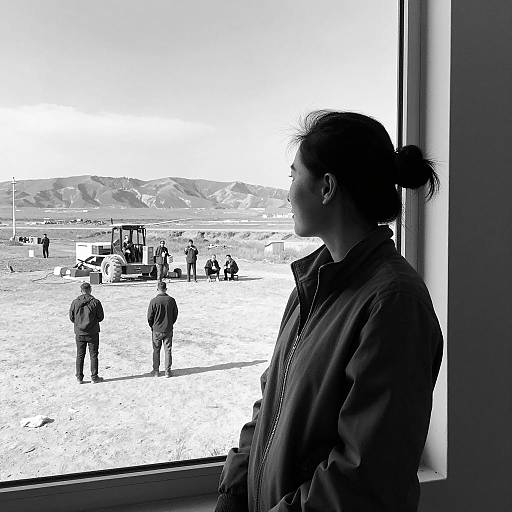 Woman Looking Through Window at Outdoor Scene