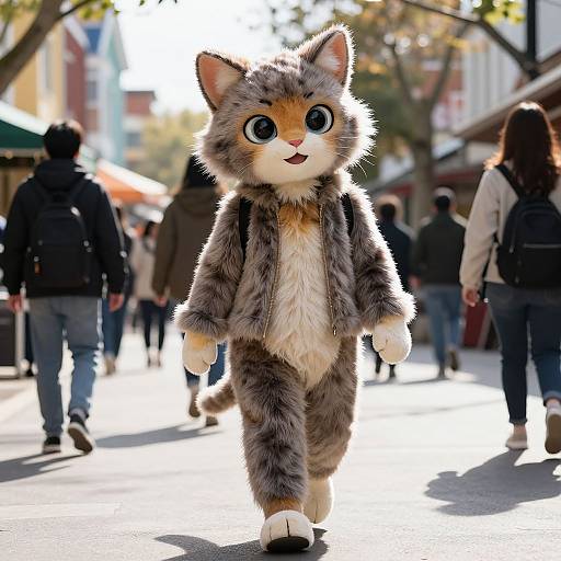 Photograph of a person in a realistic, fluffy gray and orange cat costume with large eyes, walking down a sunny street with blurred pedestrians and trees in