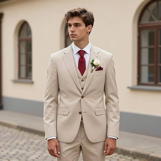 Man in beige wedding suit with red tie