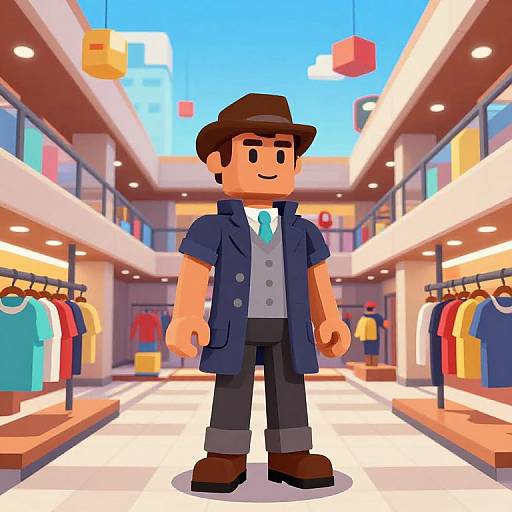 CGI cartoon of a stylish, brown-hatted man in a navy coat, gray vest, and black pants, standing in a brightly lit, colorful