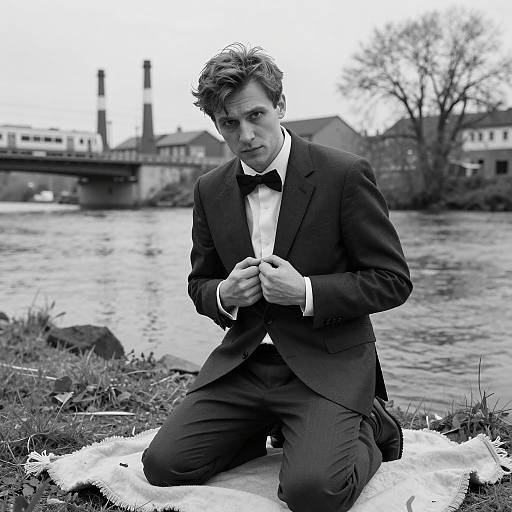 Intense Man by River in Suit