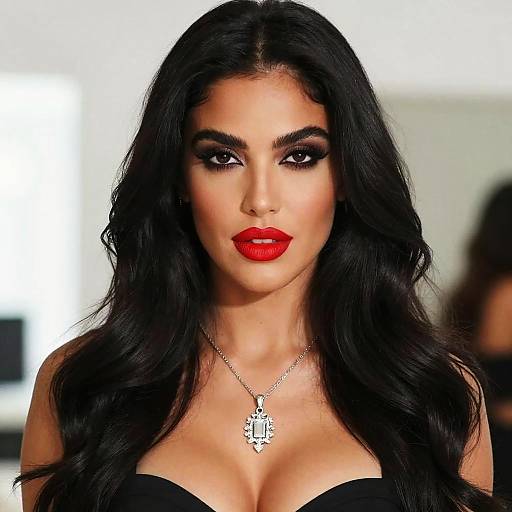 Photograph of a beautiful woman with long black hair, red lipstick, dark eye makeup, wearing a black strapless top and silver necklace with an 