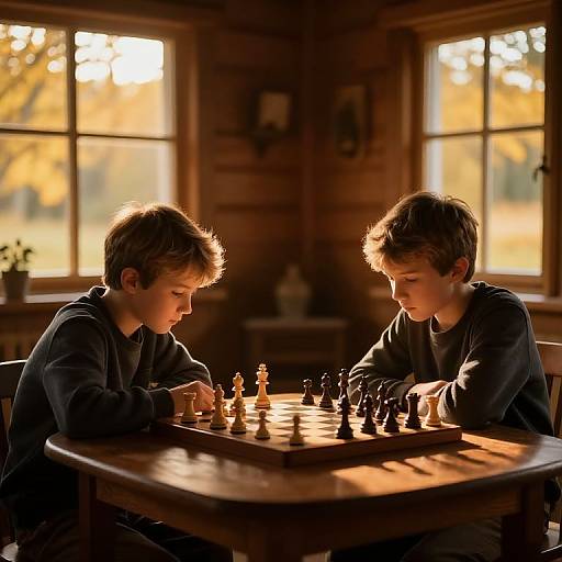 Brothers Playing Chess in Cozy Cottage