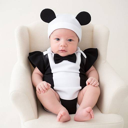 Photograph of a baby with fair skin, wearing a black and white panda hat and black-and-white outfit, sitting in a cream-colored armchair.