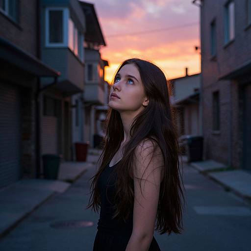 Photograph of a young woman with long brown hair, wearing a black tank top, standing in a dimly lit, narrow urban alley at sunset with