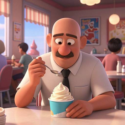 CGI image of a bald, mustached man in a white shirt and black tie, eating a swirled ice cream cone in a bright,