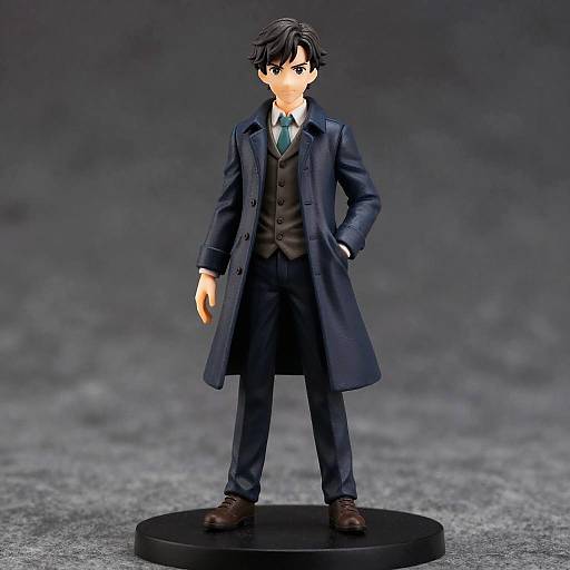 Photograph of a detailed, anime-style figurine of a young man in a dark blue overcoat, black suit, and green tie, standing on