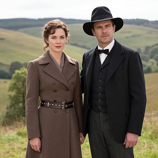 Photograph of a woman in a brown coat and black belt, and a man in a black suit and bowler hat, standing in a green hill