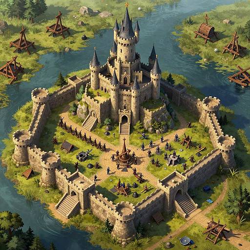 Digital artwork of a medieval stone castle with multiple towers, surrounded by a lush green island, a small village, and a river. Knights and villagers gather