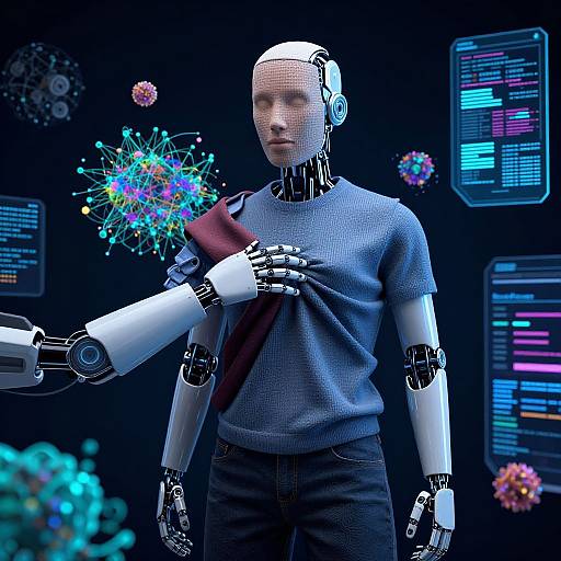 CGI image of a bald, male humanoid robot in a gray shirt, touched by a robotic arm, with colorful digital particles and neon interfaces in the