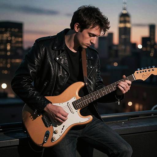 Photograph of a focused, young white man with dark hair playing a tan and white electric guitar on a rooftop at dusk, wearing a black leather jacket
