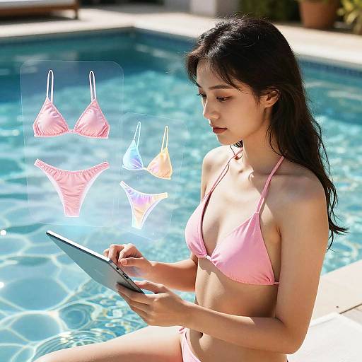 Asian woman in pink bikini by pool, using tablet, with floating digital bikini options; sunny, clear water, blurred background. Photorealistic CGI.