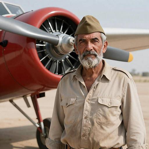 Middle-aged man in military-style cap by vintage propeller plane