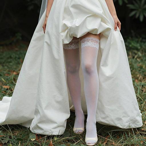 Photograph of a bride's lower body in a white wedding dress, revealing lace-top white stockings and white high heels, standing on grass.