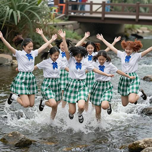 Joyful Girls Jumping into Rushing River