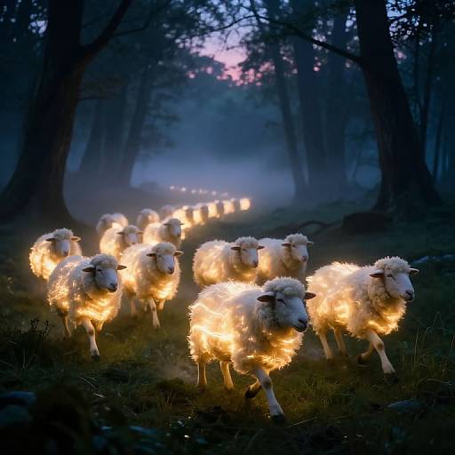 Photograph of glowing sheep illuminated by ethereal firelight, walking in a misty forest at twilight, with dark trees and a pink-purple sky in