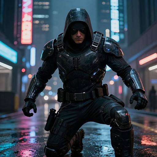 Photorealistic CGI of a hooded, armored vigilante kneeling on a rainy city street, neon lights glowing in the dark, futuristic urban background.