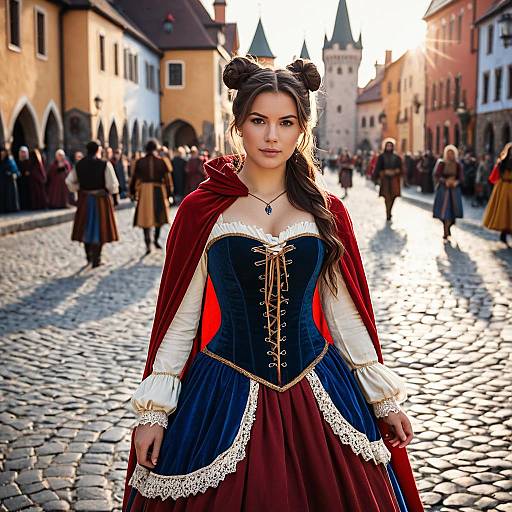 Young Woman in Renaissance Costume on Cobblestone Street