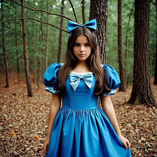 Girl in Blue Dress with Bow in Forest