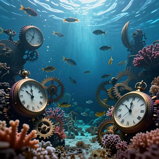 Underwater photograph of vintage clock faces surrounded by coral, gears, and colorful fish, with sunlight filtering through the water.