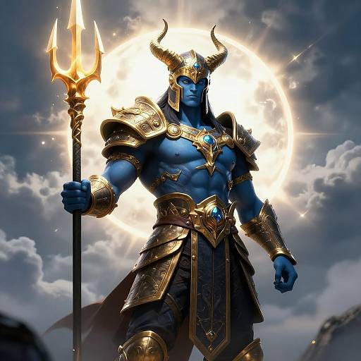 Digital art of a muscular, blue-skinned demon warrior with gold armor, holding a trident, glowing halo in cloudy sky.