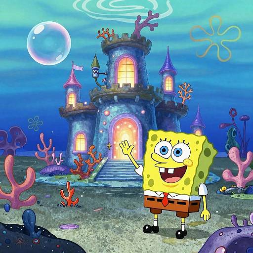 Digital cartoon of SpongeBob SquarePants waving at a colorful, underwater castle with glowing windows, surrounded by coral and seaweed.