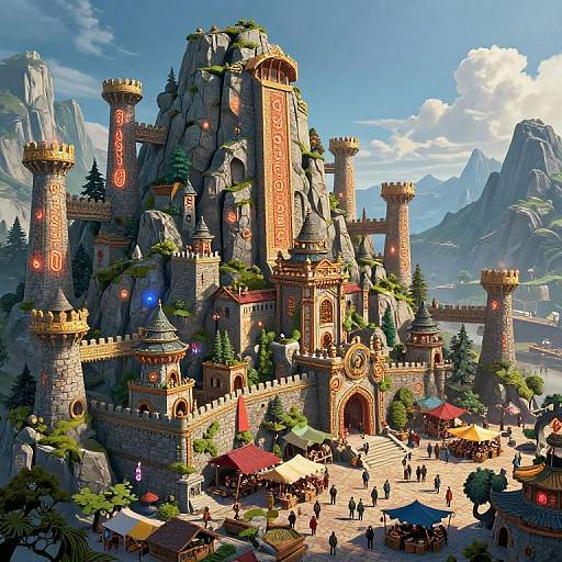 Digital fantasy artwork of a towering, ancient stone castle with orange runes, surrounded by market stalls, mountains, and a bustling crowd.