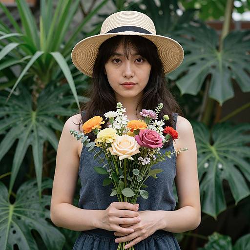 Woman with Hat and Flowers Amid Plants