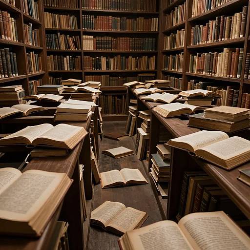 Photograph of a dimly-lit, wooden library with tall bookshelves filled with books, scattered open books on dark wooden tables.