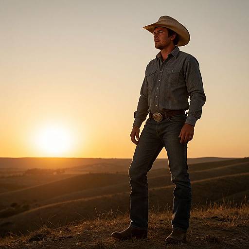 Photograph of a rugged, dark-skinned man in a cowboy hat and checked shirt standing at sunset on a grassy hill.