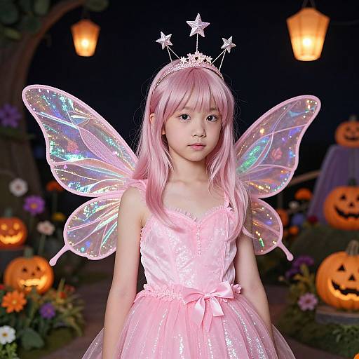 Photograph of an Asian girl with pink hair, wearing a pink fairy costume with iridescent wings, star tiara, and pink dress, in