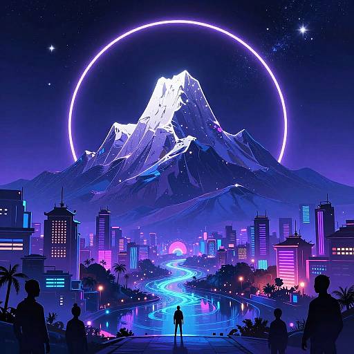 Neon Fantasy Mountain Cityscape