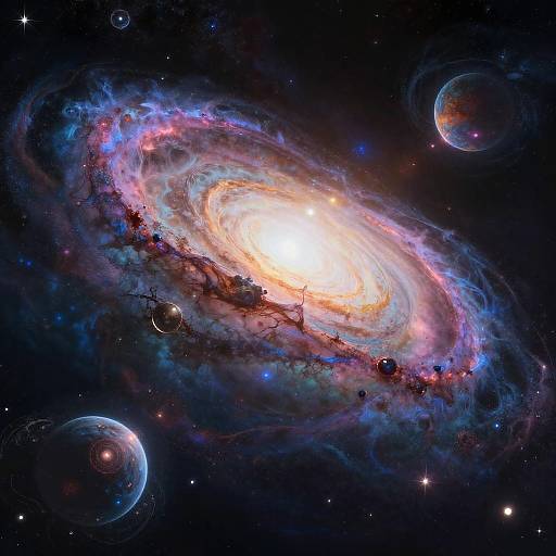 Digital artwork of a vibrant, glowing spiral galaxy with colorful nebulae, surrounded by smaller planets and stars in a dark, starry cosmos.