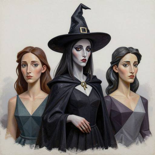 Digital painting of three women: center witch with pale skin, black dress, and hat; left brown-haired woman in teal dress; right black-haired woman