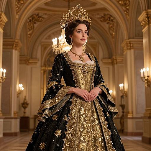 Regal woman in ornate black and gold Renaissance-style gown with intricate embroidery, wearing a detailed crown, stands in an opulent, arch-ceiling