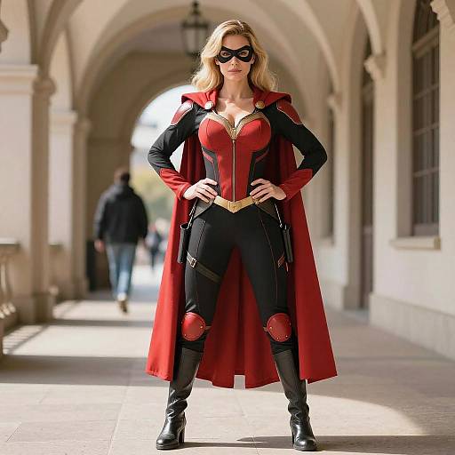 Photograph of a blonde woman in a red and black superhero costume with cape, mask, and knee pads, standing confidently in a sunlit, ar