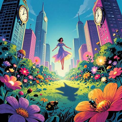 Digital artwork: Silhouetted girl in a flowing dress leaps joyfully through vibrant city flower garden, surrounded by tall skyscrapers with clock faces