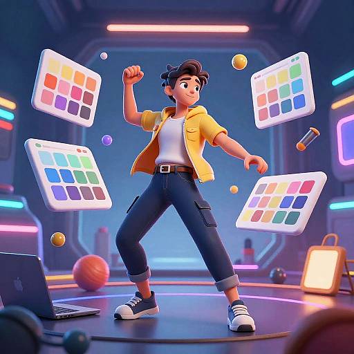 Digital artwork of a young man with dark hair, yellow jacket, white shirt, and blue pants, dancing with floating colorful puzzle grids in a neon-l