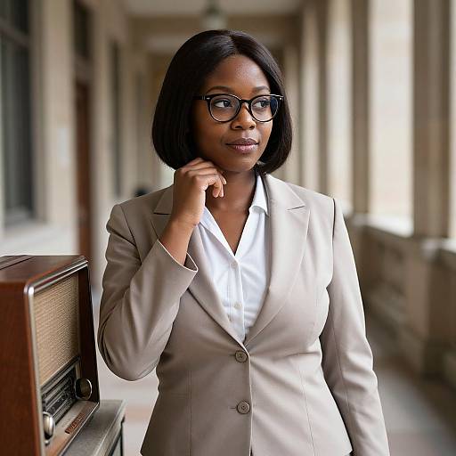 Photograph of a confident Black woman with short black hair, glasses, and a light grey blazer over a white blouse, standing in a sunlit