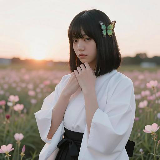 Young Woman in Kimono with Butterfly Hair Accessory at Sunset
