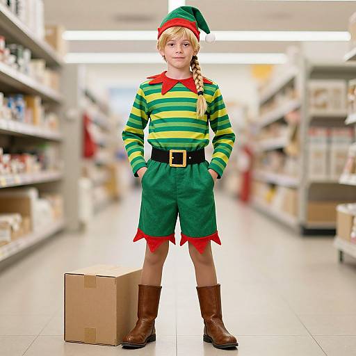 Photograph of a blonde child in a festive elf costume with green and yellow stripes, green shorts, brown boots, and a red hat, standing in