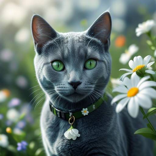 Realistic Russian Blue Cat Among Flowers