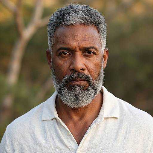 Photograph of a middle-aged Indian man with short gray curly hair and a full gray beard, wearing a white button-up shirt, against a blurred outdoor