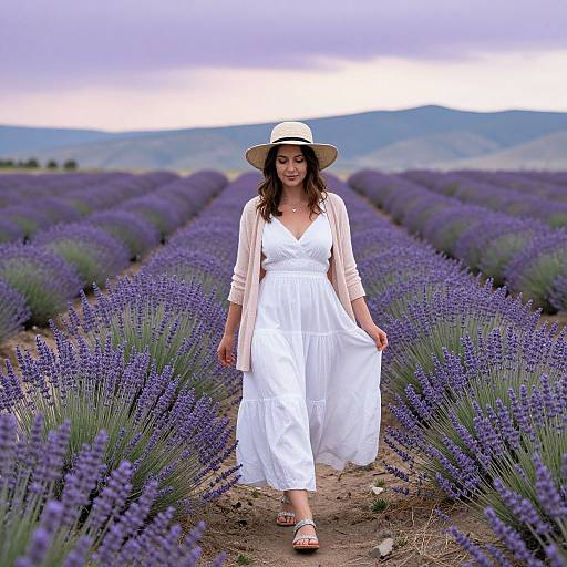 Photograph of a smiling woman in a white dress and beige cardigan, wearing a wide-brimmed hat, walking through vibrant purple lavender fields under