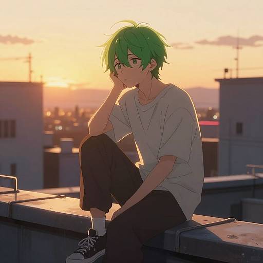 Anime-style digital drawing of a green-haired boy with green eyes, wearing a white t-shirt and black pants, sitting on a rooftop at sunset, hand