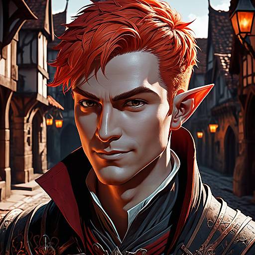 Digital illustration of a muscular, red-haired elf with pointed ears, intense gaze, and dark medieval attire, standing in a dimly lit, cobble