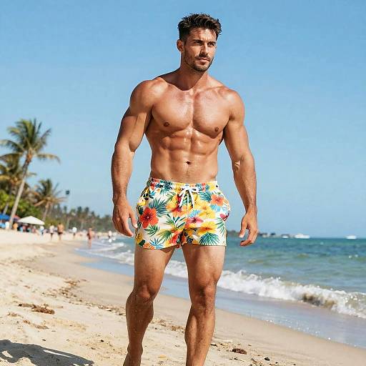 Photograph of a muscular, tan-skinned man with short, dark hair, wearing colorful, floral swim trunks, standing on a sunny beach with