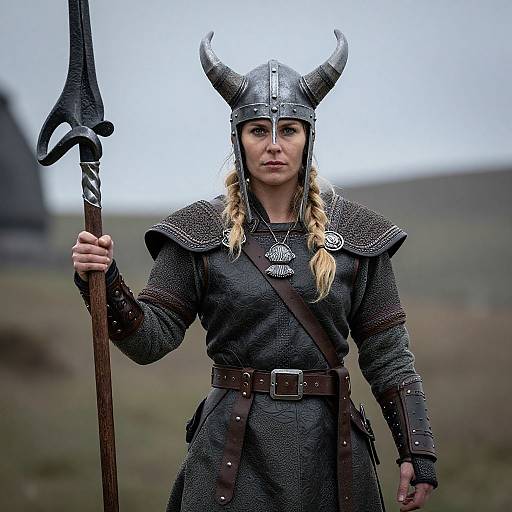 Photograph of a Viking warrior woman with blonde braids, wearing a horned helmet, dark armor, and holding a spear, standing in a mist